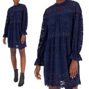Tahari Women's Blouson Sleeve
Mock Neck Lace Overlay Dress, Navy Blue size 12